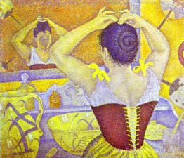 Femme à sa toilette portant un corset violet