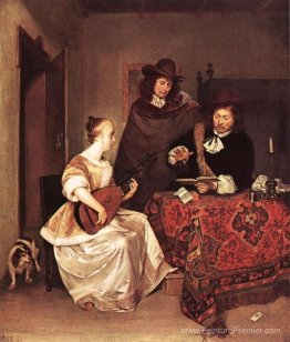 Une jeune femme jouant un théorbo à deux hommes