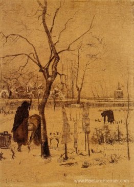 Jardin de presbytère dans la neige avec trois personnages