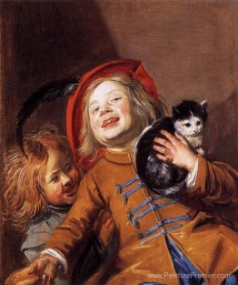 Enfants en riant avec un chat