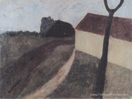 Paysage crépusculaire avec maison et fourchette