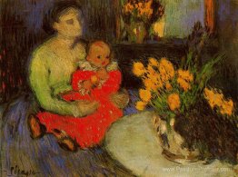 Mère et enfant derrière le bouquet de fleurs