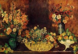 Vase, panier de fleurs et de fruits