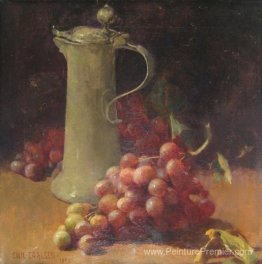 Nature morte avec des raisins et un flacon en étain