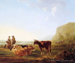 Paysage avec des vaches au repos