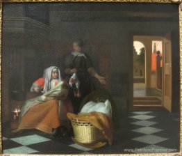 Femme avec un enfant et une femme de chambre dans un intérieur