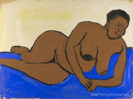 Femme nue allongée sur le sol bleu