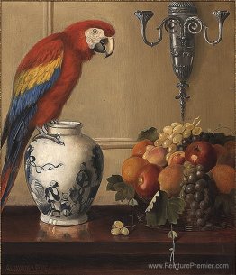 Nature morte de la pacaw, du vase chinois et des fruits