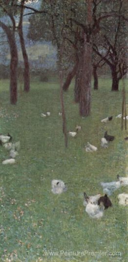 Après la pluie (jardin avec des poulets à Saint-Agatha)