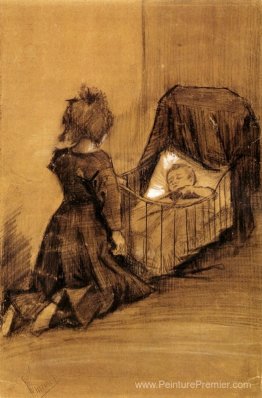 Fille à genoux par un berceau