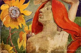 Femme rousse et tournesols