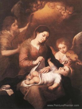 Mary et enfant avec des anges jouant de la musique