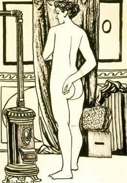 Femme nue de dos avec poêle