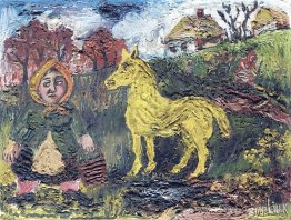 Femme avec seau en bois et cheval jaune