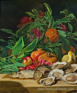 Nature morte avec d'autruches, de poissons et de fruits exotique