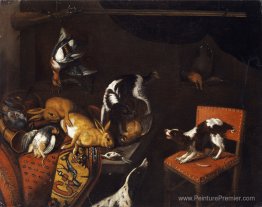 Nature morte avec des lièvres morts et des oiseaux, fauteuil, ch