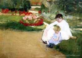 Femme et enfant assis dans un jardin