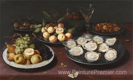 Nature morte de fruits et une assiette d'huîtres