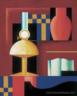 Composition avec lampe paraffine, vase et livre