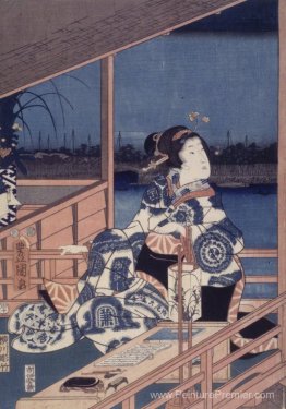 Vue au clair de lune de Tsukuda avec dame sur un balcon