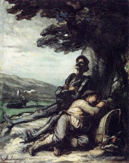 Don Quichote et Sancho Pansa se reposent sous un arbre