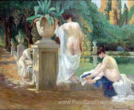 Femmes sur la rive de l'étang