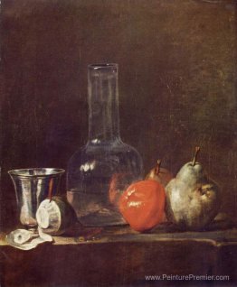 Nature morte avec ballon en verre et fruits