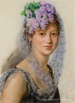 Portrait de Berthe Popoff dans un fascinateur floral