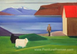 Paysage islandais avec mouton, homme et toit rouge