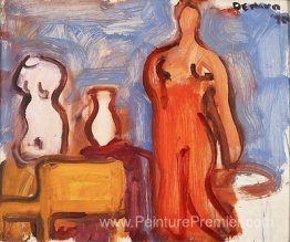 Intérieur de studio avec torse, vase, chaise et nu