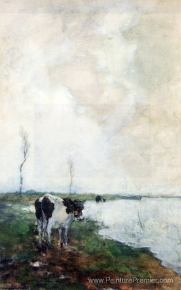 Une vache debout au bord de l'eau dans un polder