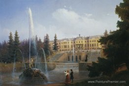 Vue de la grande cascade à Petergof et du grand palais de Peterg