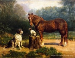 Cheval et deux chiens dans un paysage