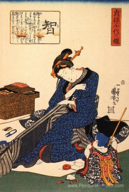 Une femme assise coudre un kimono