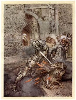 Lancelot se bat contre un dragon au château de Corbin