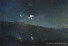 Nuit au clair de lune. Paysage avec feu