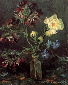 Vase avec myosotis et pivoines