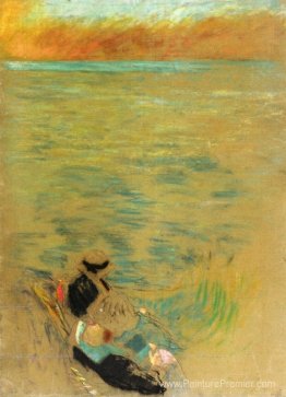 Mer au coucher du soleil, femmes sur le rivage