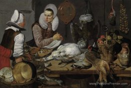 Un intérieur de cuisine avec une femme de chambre et une dame pr