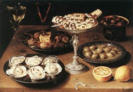 Nature morte avec huîtres et pâtisseries