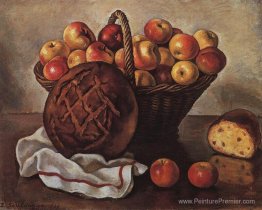 Nature morte avec des pommes et un pain rond