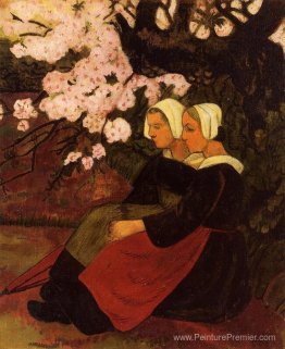 Deux femmes breton sous un pommier à fleurs