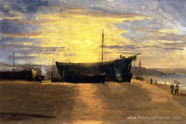 Coucher de soleil, Hastings. Navires de pêche échoués