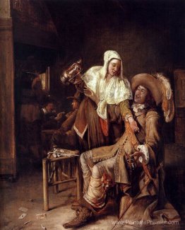 Scène de taverne avec femme de chambre essayant de remplir le ve