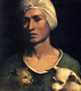 Portrait d'un jeune homme avec un chien et un chat