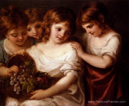 Quatre enfants avec un panier de fruits