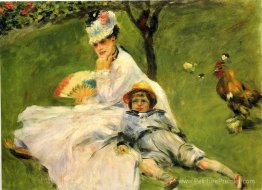 Camille Monet et son fils Jean dans le jardin d'Argenteuil