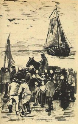 Groupe de personnes sur la plage avec un bateau de pêche arrivan