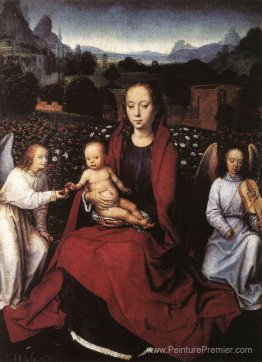 Vierge et enfant dans une roseraie avec deux anges