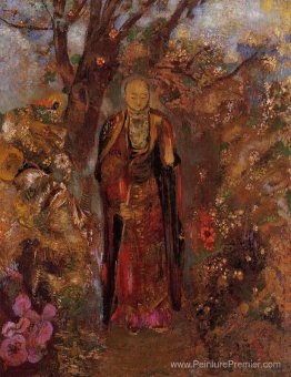 Bouddha marchant parmi les fleurs